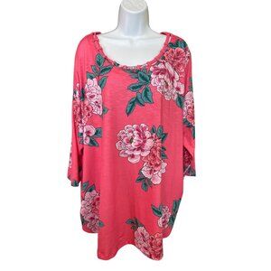 Emily Daniels Womens Floral Tunic Top 2X Pink 3/4 Sleeve Lightweight Cottagecore